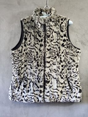 Coldwater Creek Faux Fur Animal Print Zip Vest in White and Black